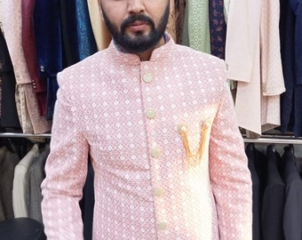 Peach Sherwani for Men: Thread Embroidered Indian Wedding Suit
