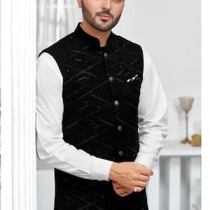 Mens Designer Black Velvet Nehru Jacket Mens Waistcoat Etsy Canada