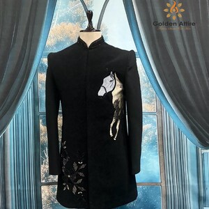 Black Indo-Western Groom Sherwani: Horse Zardozi Embroidery Wedding Outfit