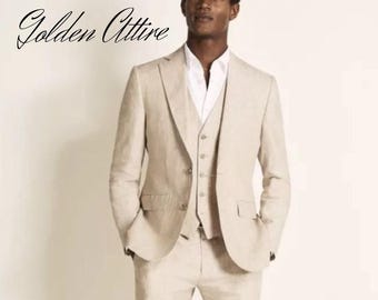 May include: A light beige linen suit with a matching waistcoat. The suit jacket has a single button fastening and a notched lapel. The waistcoat has a button fastening and a V-neck.