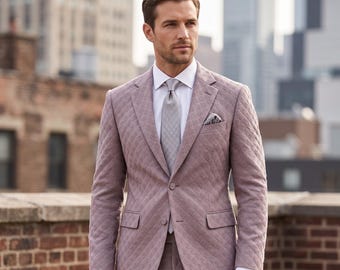 Dusty Rose Textured Jacquard Groom Suit, Custom Fit Wedding Outfit for Men