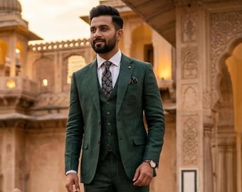 Men's Dark Green Linen 3-Piece Suit, Custom Made Wedding Suit