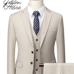 Men&#39;s Cream 3 Piece Suit: Beige Two Button Wedding Tuxedo