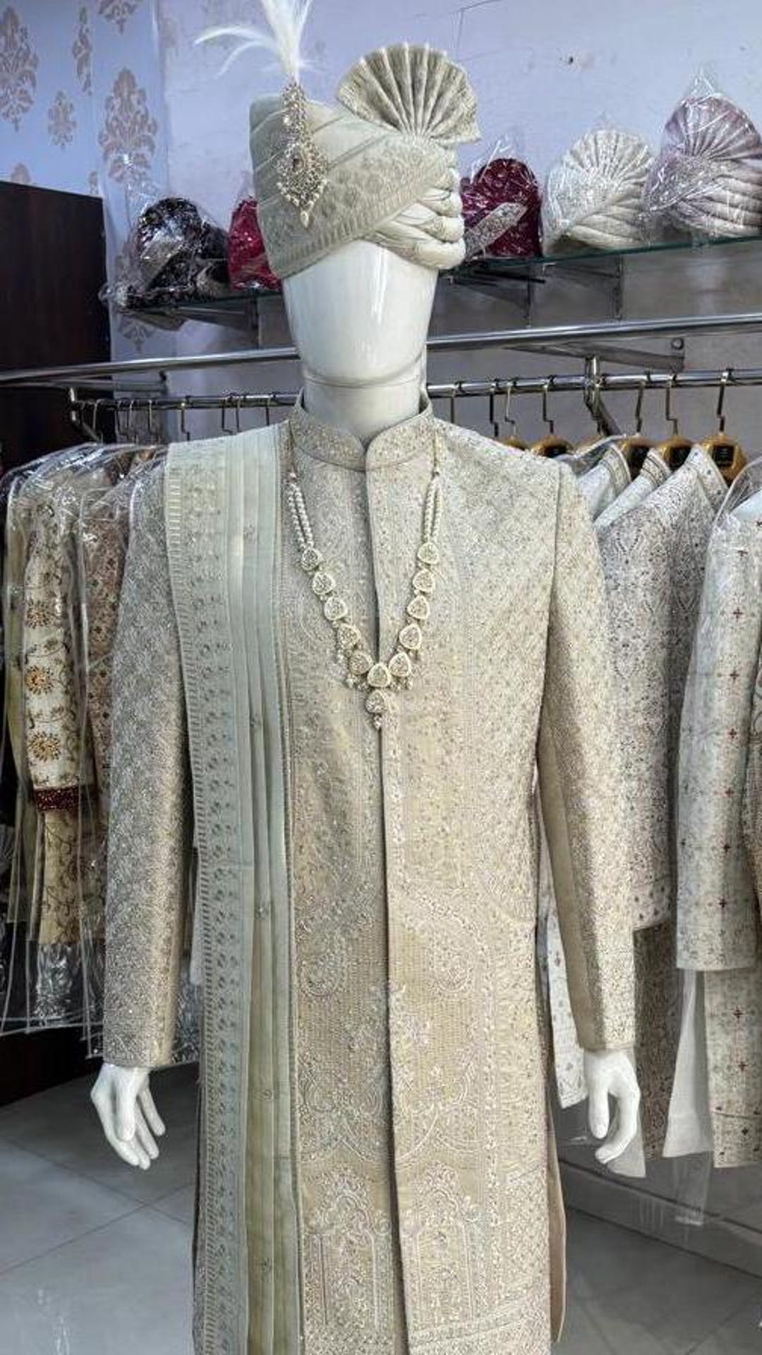 Cream Self-Design Embellished Designer Men's Sherwani Premium Ethnic Wear for Weddings & Festive Occasions