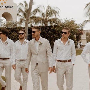 Ivory Linen Three Piece Suit: Tailored Summer Wedding Suit for Men