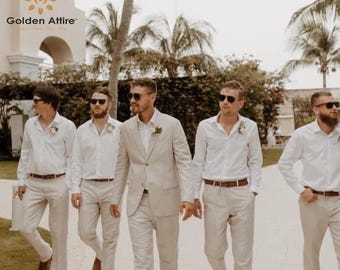 Ivory Linen Three Piece Suit, Tailored Summer Wedding Suit for Men