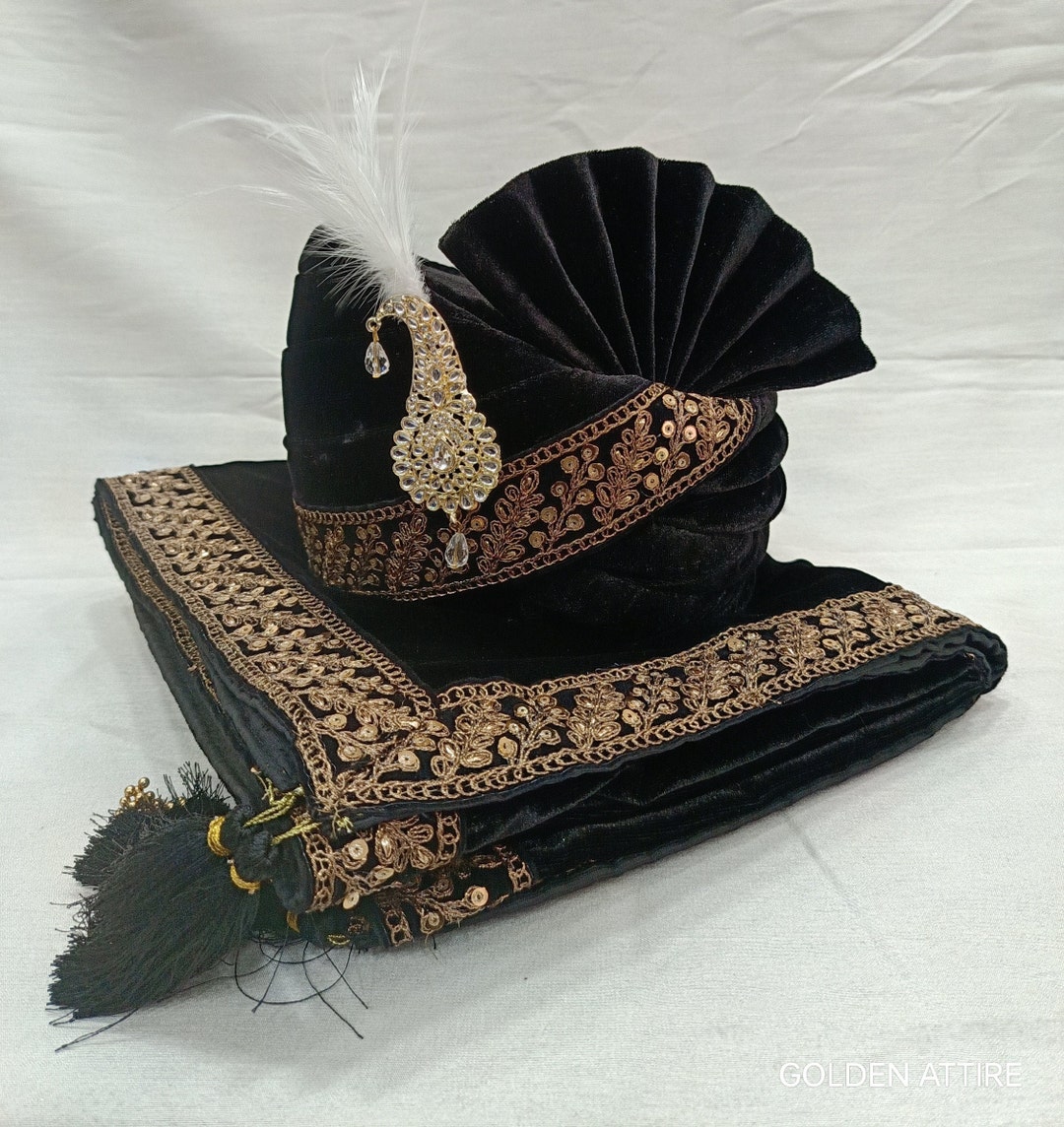 Black Velvet Turban & Shawl Set, Indian Wedding Groom Safa  display picture 1