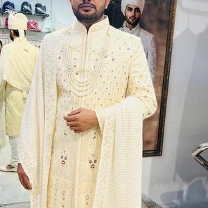 Cream Groom Sherwani: Indian Wedding Outfit