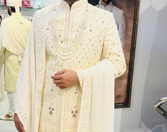 Cream Groom Sherwani: Indian Wedding Outfit