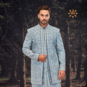 Sky Blue Embroidered Indo-Western Outfit: Groom Wedding Sherwani