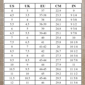 Pode incluir: Um gr&aacute;fico de convers&atilde;o de tamanhos de sapatos para homens, mostrando as medidas US, UK, EU, CM e em polegadas. O gr&aacute;fico &eacute; impresso em um fundo marrom claro.