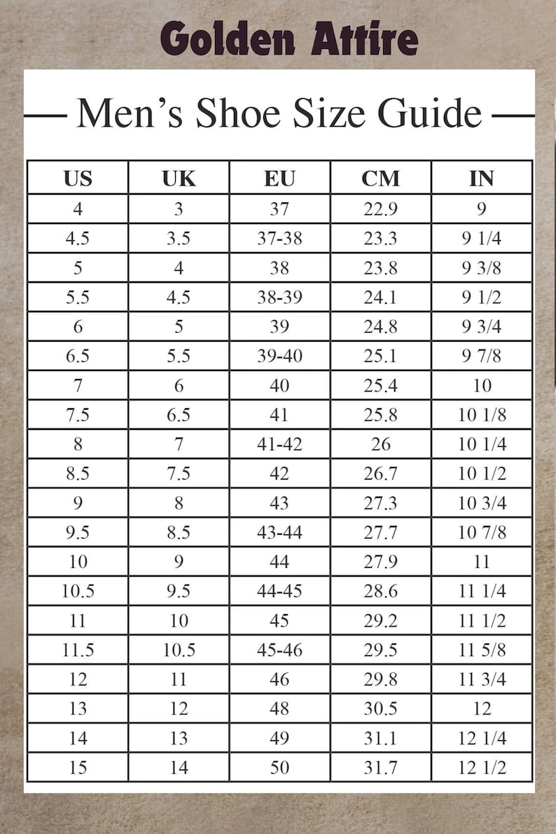 Pode incluir: Um gr&aacute;fico de convers&atilde;o de tamanhos de sapatos para homens, mostrando as medidas US, UK, EU, CM e em polegadas. O gr&aacute;fico &eacute; impresso em um fundo marrom claro.