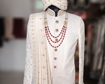 White Thread Embroidered Sherwani, Groom Suit