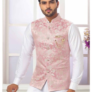 Men&#39;s Peach Printed Nehru Jacket: Indian Wedding Groom Attire