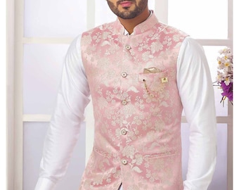 Oudroze jacquard Modi Nehru-jassenset voor heren