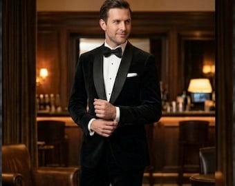 Black Velvet Tuxedo Suit, Shawl Lapel Dinner Jacket, Formal Menswear