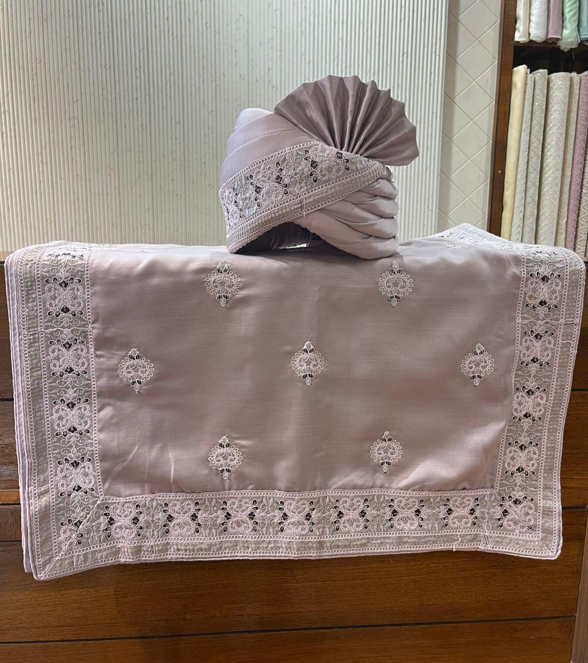 Soft Lavender Indian Groom Turban & Shawl Set, Elegant Safa with Embroidery Border for Sherwani