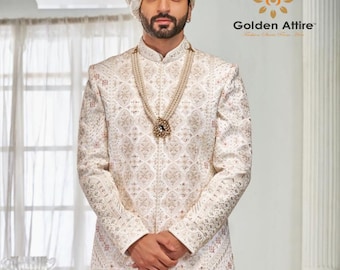 Warm White Sherwani for Men, Indian Wedding Outfit, Groom Attire