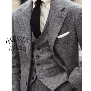 Tweed Wool Grey 3-Piece Suit: Luxury Wedding Groom Attire
