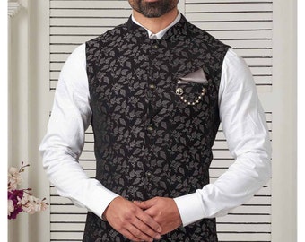 Black Nehru Jacket for Men, Modi Jacket, Nehru Jacket, Nehru Jacket for Wedding, Groom, gift for men, Jacket, waistcoat, Black print jacket,