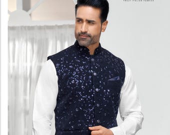 Handcrafted Navy Blue Nehru Jacket: Men's Modi Vest