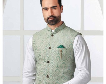 Sage Green Nehru Jacket, Classic Indian Wedding Attire, green velvet Thread embroidery waistcoat