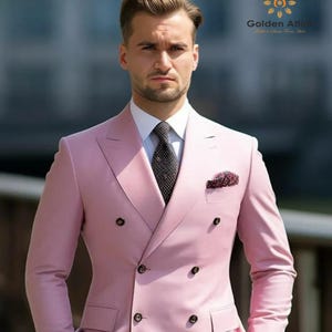 Pink Double Breasted Suit: Customizable Fit, Wedding Groom Suit
