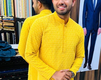 Set pigiama Kurta giallo fatto a mano, abito da sposa indiano