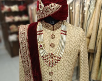 Beige Sherwani For Groom, wedding Sherwani, Men sherwani, Groom Outfit, Groom Sherwani, Sherwani full set, Indian wedding Sherwani, Sherwani