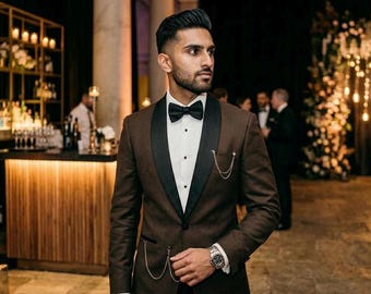 Men's Brown Tuxedo Suit, Black Shawl Lapel, Slim Fit Evening Jacket