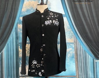 Black Jodhpuri Wedding Suit, Zardozi Embroidery, Customizable Fit
