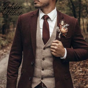 Herringbone Tweed Men&#39;s Suit: 3-Piece Wedding Groom Attire