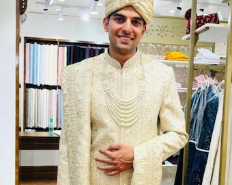 Beige Embroidered Sherwani for Men: Royal Indian Groom Outfit