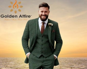 Green Tweed 3 Piece Suit, Bespoke Men's Wedding Suit