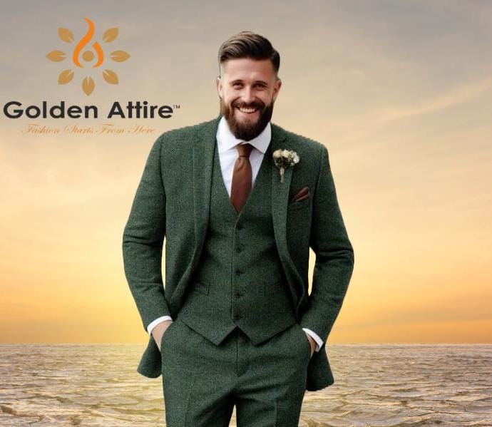 グリーンツイード3ピーススーツ、オーダーメイドメンズウェディング
