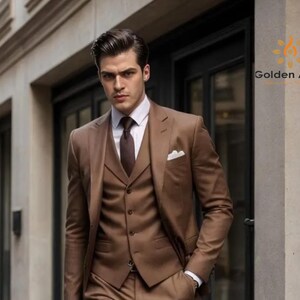 Brown Terry Rayon 3-Piece Suit: Comfortable Groom Wedding Attire