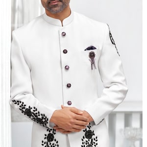 Costume Jodhpuri blanc artisanal : tenue de marié indien