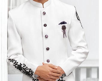 White Handwork Jodhpuri Suit, Indian Groom Wedding Outfit