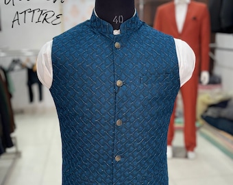Peacock Blue Nehru Jacket, Men's Wedding Outfit, bandhgala waistcoat