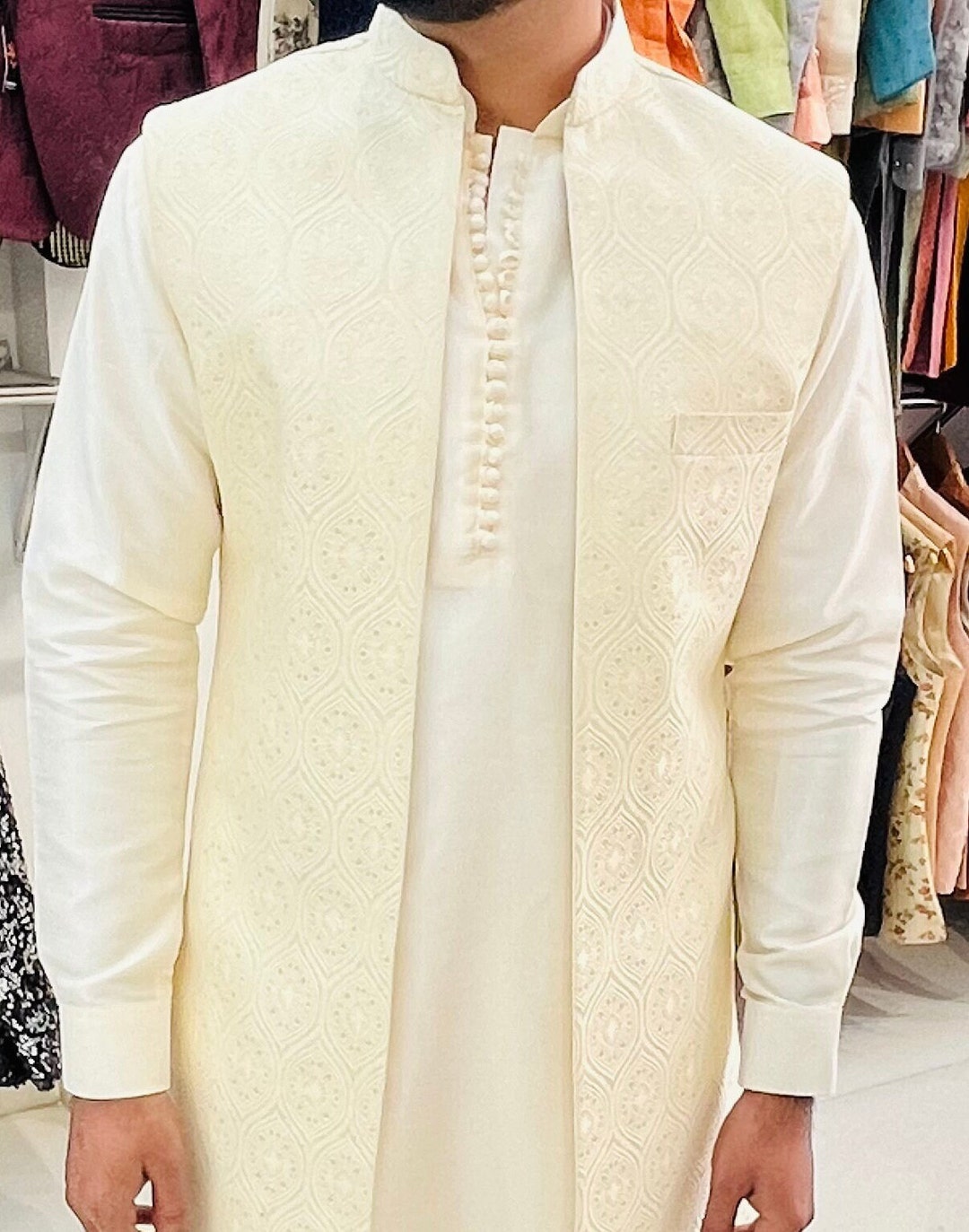 Ivory Kurta Pajama With Jacket for Wedding Men Kurta Pajama Groom Kurta Pajama Kurta Pajama Set Kurta With Jacket Outfit Long Jacket Etsy Canada