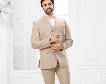 Beige Three Piece Suit: Stylish Bespoke Men's Wedding Suit