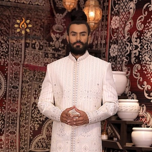 Ivory Groom Sherwani: Zardozi & Thread Embroidery, Wedding Elegant Outfit