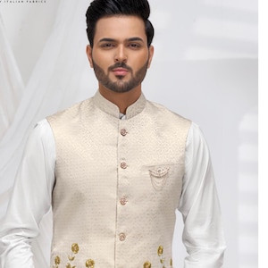 Cream Nehru Jacket: Embroidered Modi Jacket, Groom Wedding Waistcoat