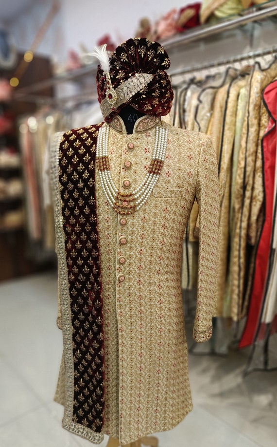 Beige Sherwani for Men, Indian Wedding Groom Outfit