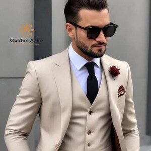 Beige Terry Rayon Three-Piece Suit: Elegant Wedding Groom Suit