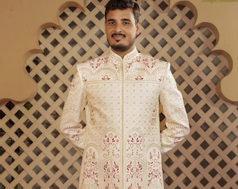 Ivory Indian Groom Sherwani: Wedding Outfit, Maharaja Style