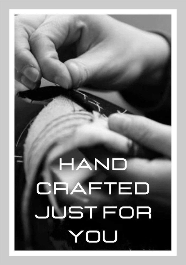 May include: Black and white photograph of a hand carefully stitching fabric. The text "HAND CRAFTED JUST FOR YOU" is superimposed on the image.