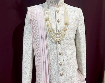 Handcrafted White Sherwani, Wedding Suit