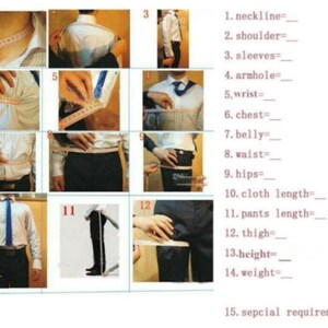 May include: Diagram showing how to measure different parts of the body for custom clothing. The diagram shows a person standing with a measuring tape around their neck, shoulder, arm, wrist, chest, belly, waist, hips, thigh, and leg. The diagram also shows how to measure the length of the cloth and trousers.