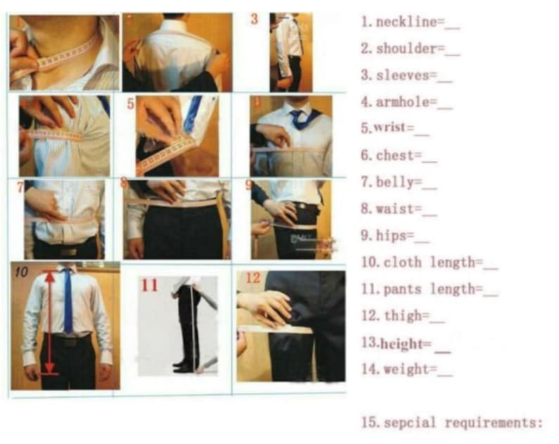 May include: Diagram showing how to measure different parts of the body for custom clothing. The diagram shows a person standing with a measuring tape around their neck, shoulder, arm, wrist, chest, belly, waist, hips, thigh, and leg. The diagram also shows how to measure the length of the cloth and trousers.